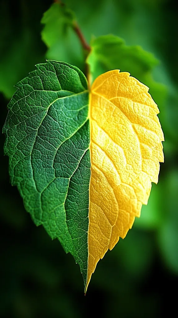 The image shows a single leaf, divided down the center. The left side is a vibrant green, while the right side is a bright yellow. The intricate network of veins is visible on both sides of the leaf, creating a striking contrast. The blurred background of green foliage highlights the sharp detail of the leaf, emphasizing the change from green to yellow. The leaf appears to be transitioning into fall, showcasing the beauty of nature's cycle.