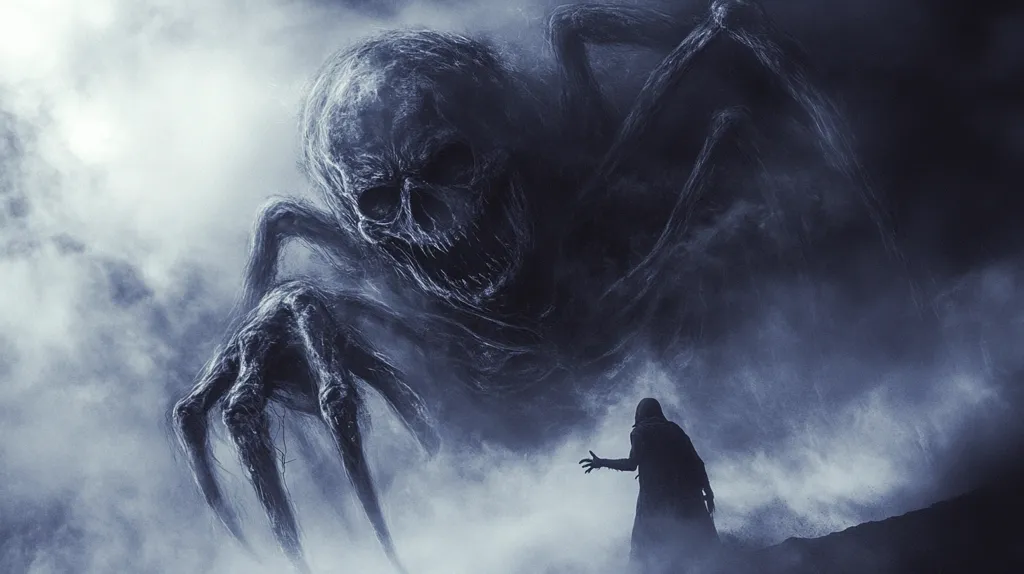 A monstrous, skeletal spider-like creature with a gaping maw looms over a lone, cloaked figure standing on a rocky ledge. The creature is obscured by a thick fog, adding to the unsettling atmosphere. The figure appears to be facing the monster, arms outstretched, possibly in a gesture of surrender or defiance. The image evokes a sense of dread and impending doom.