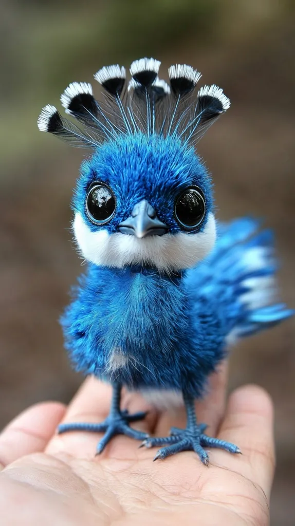 A small, fluffy blue bird with large, black eyes and a white stripe on its chest is perched on a person's hand. The bird has a unique crown of feathers with white tips. Its feet are blue and have long claws. The bird looks small and delicate, and its large eyes are wide and innocent. The background is out of focus.