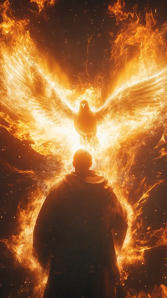The image depicts a fiery phoenix with its wings spread wide, hovering above a lone figure. The figure is silhouetted against the intense orange glow of the flames, creating a dramatic and ethereal scene. The phoenix's fiery form dominates the composition, symbolizing rebirth, renewal, and the transformative power of fire. The figure's posture suggests awe and reverence, perhaps witnessing the phoenix's majestic presence. The overall impression is one of power, mystery, and the profound connection between human and divine.
