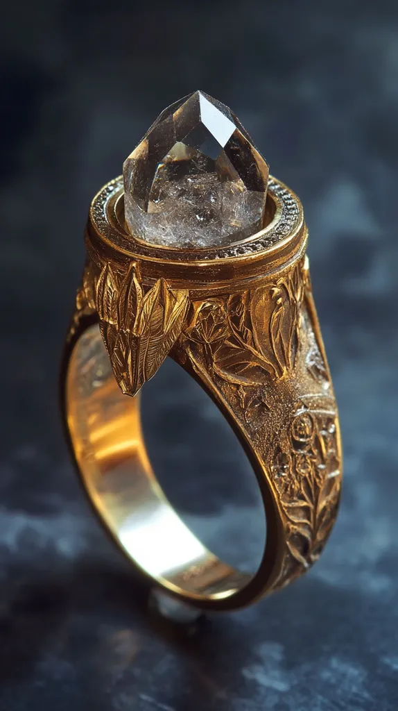 The image shows a close-up of a gold ring with a large, clear quartz crystal set in the center. The ring is intricately designed with floral motifs and has a wide band. The quartz crystal is faceted and reflects light beautifully, making the ring sparkle. The image is shot on a dark background, highlighting the intricate details of the ring. The ring appears to be handcrafted with a great deal of attention to detail.