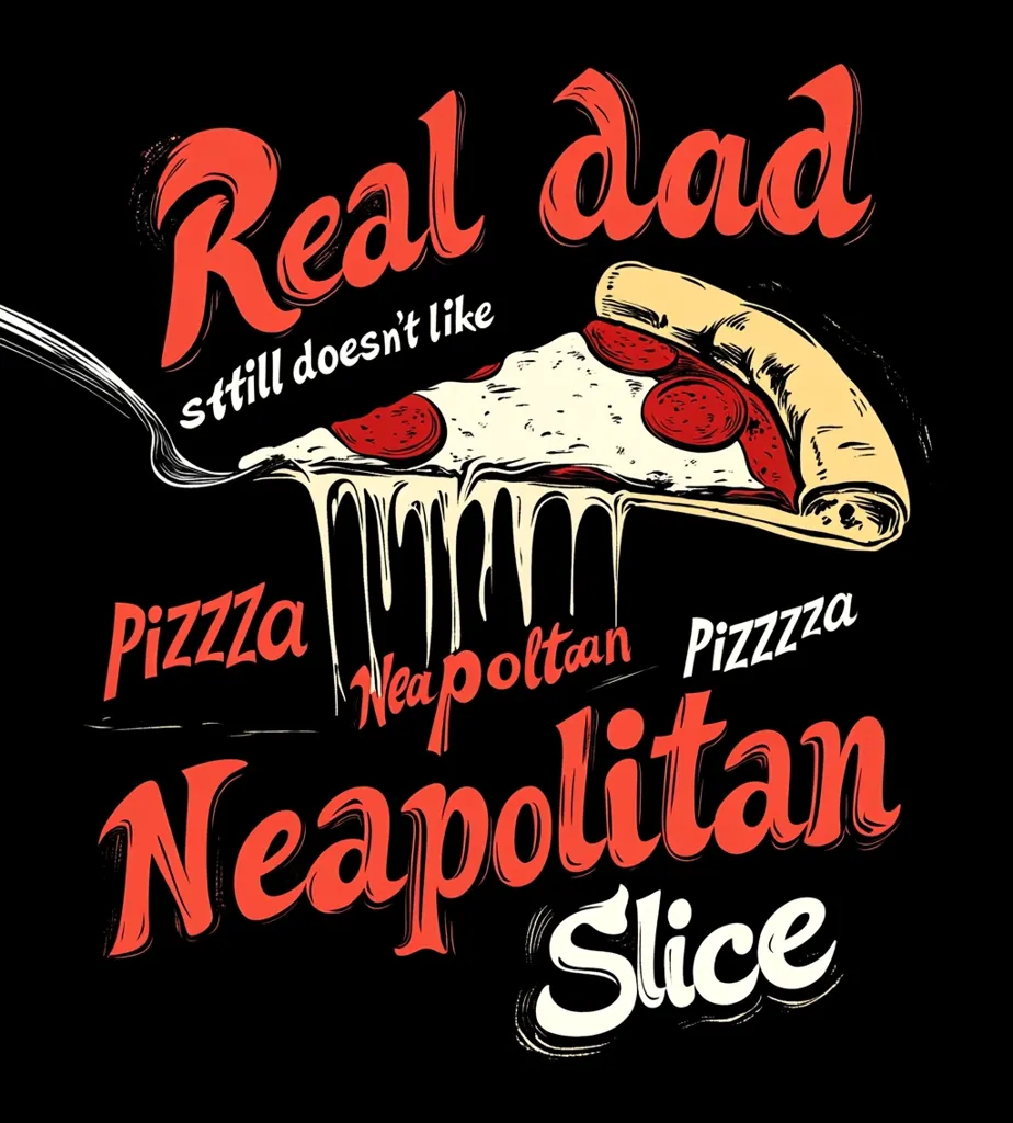 The image is a humorous advertisement for Neapolitan pizza. It features a slice of pizza with dripping cheese,  along with the text "Real Dad still doesn't like Pizza Neapolitan Pizzza Neapolitan Slice" in a bold and playful font. The text is written in a way to suggest that real dads love Neapolitan pizza. The image is designed to be eye-catching and memorable.