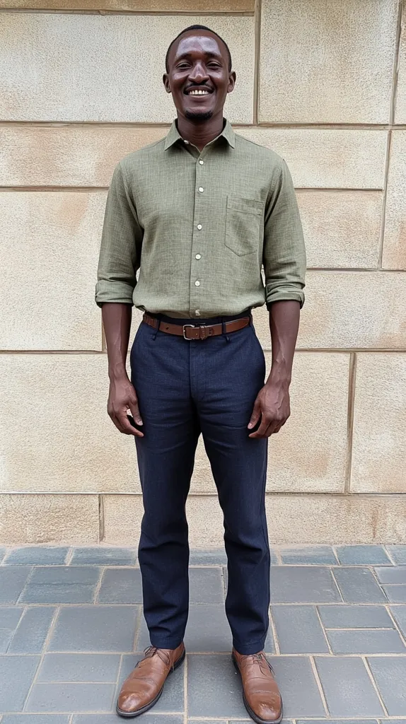 A man is standing in front of a beige tiled wall. He is wearing a green collared shirt, navy blue pants, a brown belt, and brown shoes. He is smiling and looking at the camera. He has short black hair. The background is slightly out of focus.  He appears to be in his early twenties.