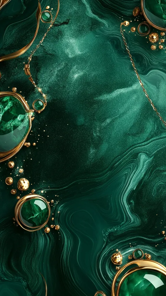 The image depicts a rich emerald green background with swirling patterns, reminiscent of marble or liquid paint. Scattered across the surface are golden rings and orbs, some containing emerald green gemstones. The gold and green create a luxurious and elegant aesthetic, while the intricate patterns add a sense of depth and complexity.