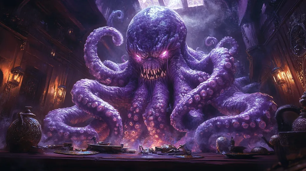 A massive purple octopus with glowing red eyes fills the frame, its tentacles sprawled across a dimly lit room.  The creature’s mouth is open in a menacing snarl, revealing rows of sharp teeth. The tentacles are thick and muscular, covered in suckers.  The room appears to be some sort of grand hall, with ornate decorations and flickering lanterns. The scene evokes a sense of danger and impending doom.