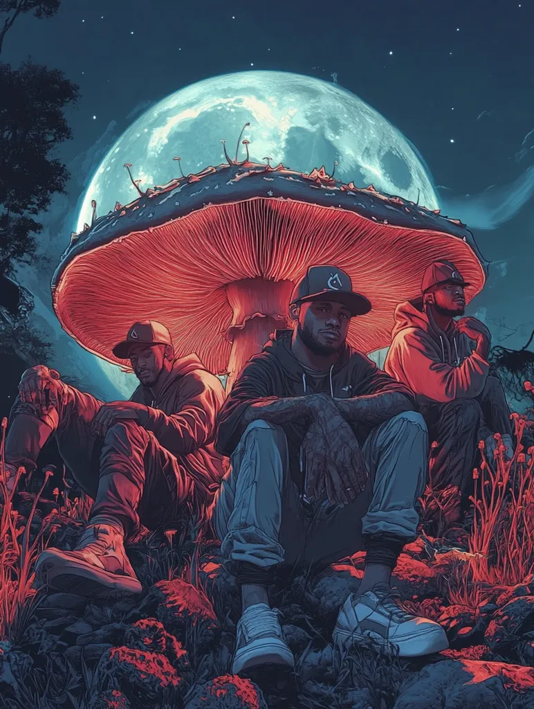 Three men sit beneath a giant, red mushroom under a full moon. The men are casually dressed and have serious expressions. The background is a dark forest with a few trees visible. The scene is surreal and mysterious. The image has a dreamlike quality, suggesting a mystical setting.