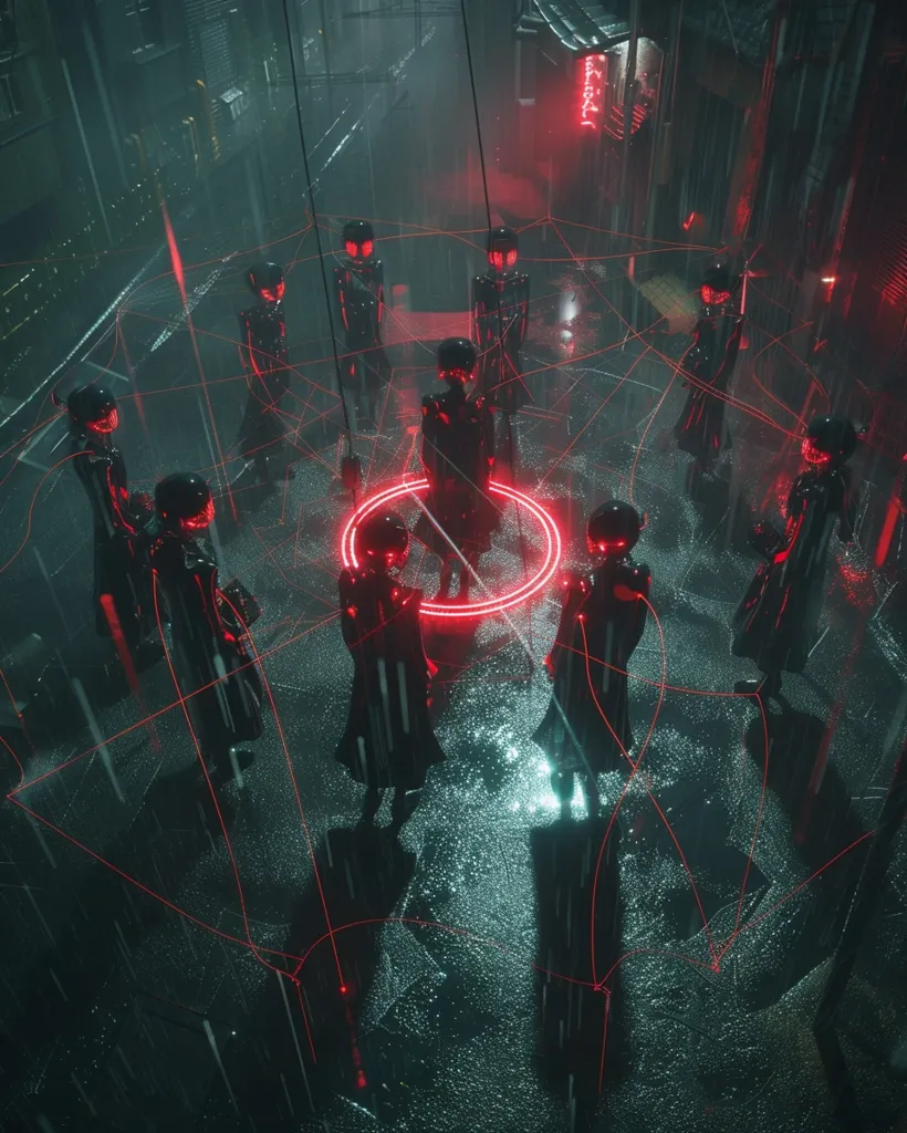 A group of shadowy figures stand in a dark, rain-soaked alley, their faces obscured by masks. They are connected by glowing red lines forming a web-like pattern. The figures are cloaked in black, and the scene is bathed in a dark, moody atmosphere. The figures look like they are performing a ritual or ceremony.