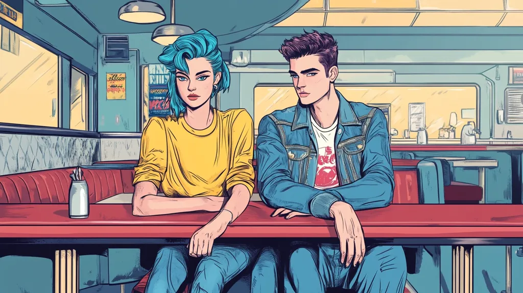 A young woman with blue hair sits across from a young man in a diner. They are both dressed casually and are looking at each other. The diner is brightly lit and has red booths with blue accents. The image is drawn in a cartoon style.