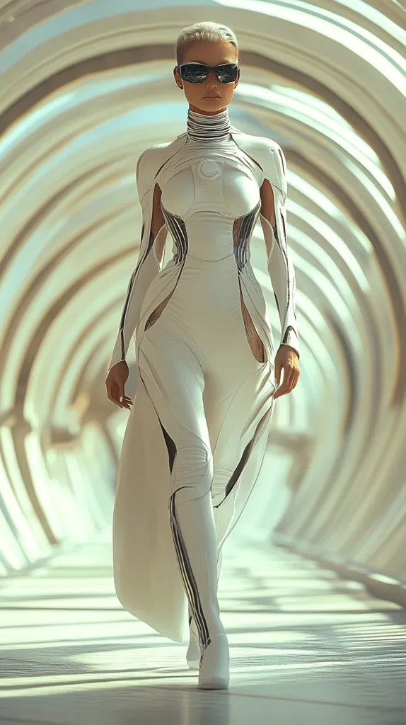 A woman in a white futuristic bodysuit and sunglasses walks down a hallway with white curved walls. She is wearing thigh-high boots and the bodysuit has black stripes. The hallway has a soft, glowing light.  The image is stylized and has a clean, minimal feel.
