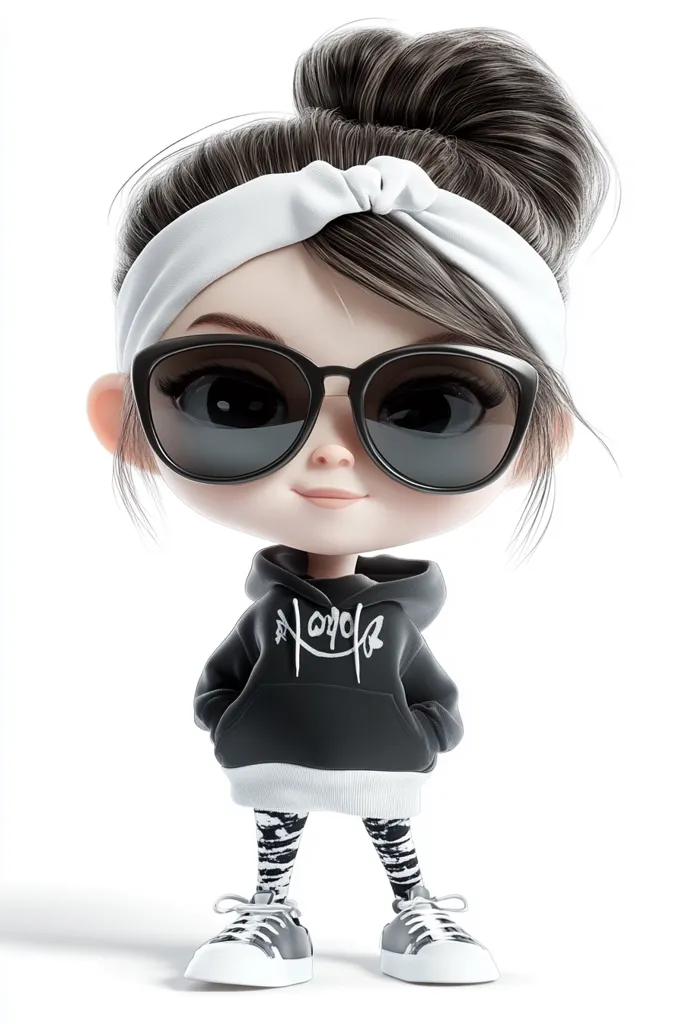 A cartoon girl with dark hair pulled up in a bun wears a white headband, large black sunglasses, a black hooded sweatshirt with white writing, striped leggings, and white sneakers. She has a slight smile and looks cool and confident. She is set against a white background.