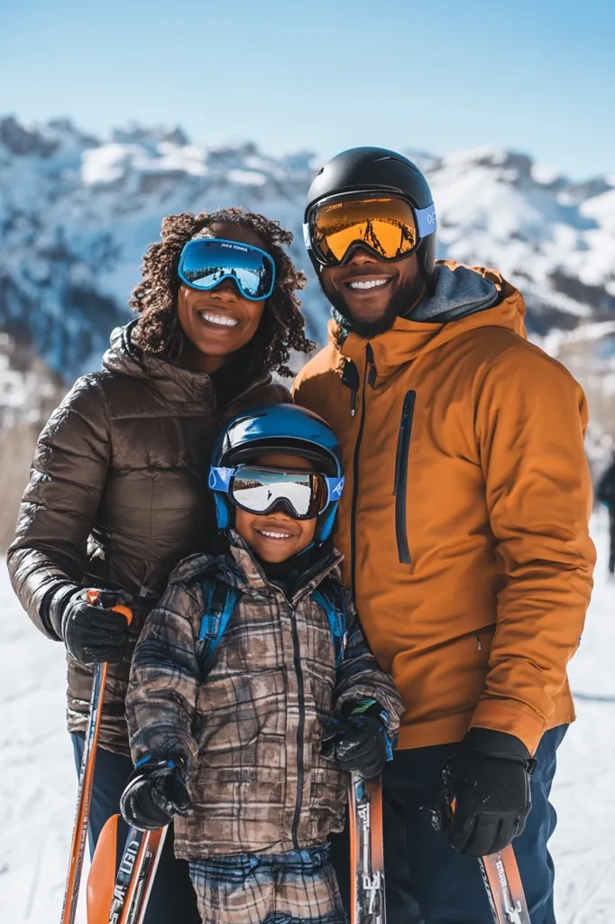 A family of three, a father, mother, and son, is bundled up in winter gear, including ski helmets and goggles, on a snowy mountain. They are smiling and holding ski poles in front of a snowy landscape. The father is wearing an orange jacket and dark blue pants, the mother is wearing a brown jacket, and the son is wearing a plaid jacket. The background is a snowy mountain range with a clear blue sky.