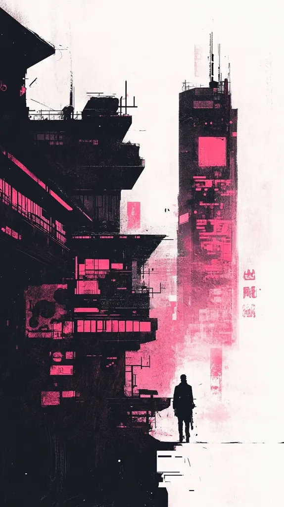 The image depicts a futuristic city scene, with towering buildings made of dark, angular shapes.  Pink highlights accent the buildings, giving a sense of neon light and energy. A lone figure stands in the foreground, silhouetted against the bright, pink-tinged sky. The image has a minimalist, almost abstract style, and evokes a sense of loneliness and isolation in a bustling, technologically advanced environment.