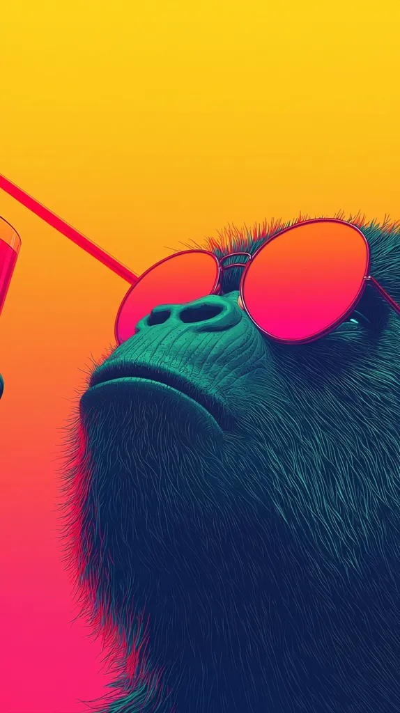 The image shows a close-up of a gorilla's face,  wearing pink sunglasses, in a vibrant yellow, pink and blue color scheme. It has a relaxed expression, with the top of the head out of the frame. There is a red drink, with a straw, partially visible in the top left corner. The gorilla looks like it's having a relaxing, summery drink.