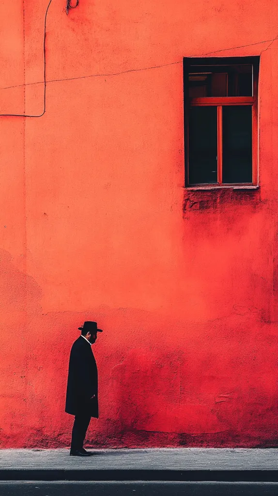 A man in a black coat and hat walks past a red wall with a single window. The man's silhouette is visible against the bright, vibrant wall, creating a striking contrast. The window is framed in black, adding to the minimalist and stark aesthetic. The image captures a moment of solitude and quiet contemplation in an urban setting.