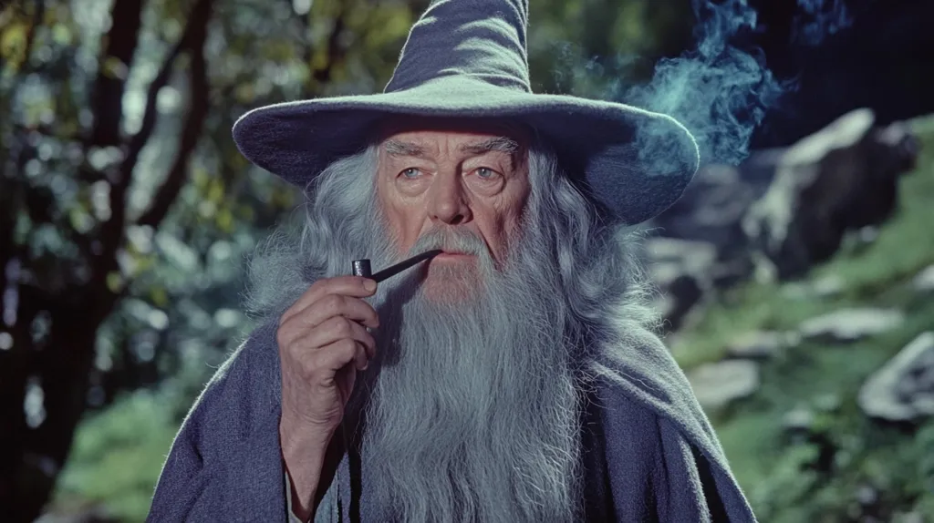 Gandalf the Grey, a wizard from The Lord of the Rings, is shown in a close-up portrait. He is wearing his signature grey wizard hat, a long grey beard, and a grey robe. He is holding a pipe in his right hand, and smoke is coming from it. He is looking thoughtfully at something off-screen, with a serious expression on his face.  The background is blurred out, but some trees and rocks are visible.