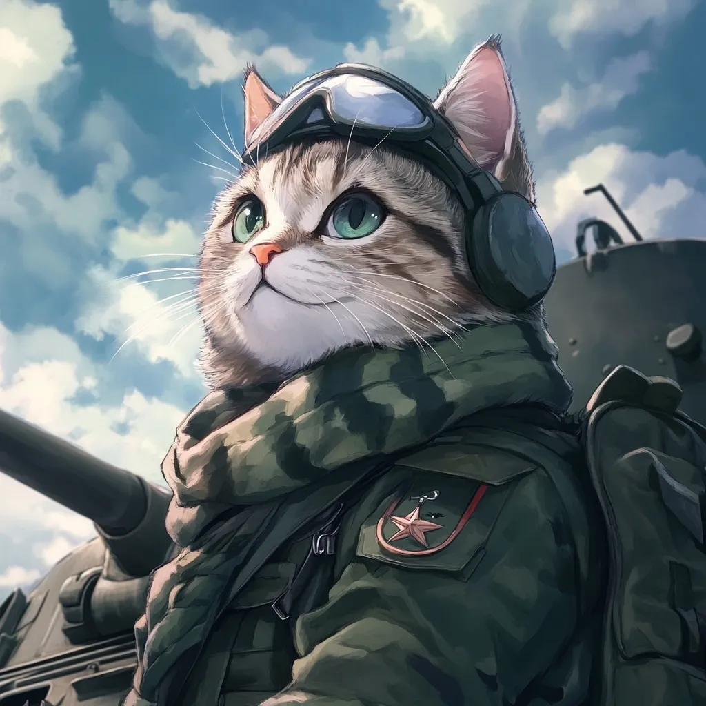 A tabby cat in a camouflage uniform with goggles and headphones is standing next to a tank. The cat looks up with a proud expression. The sky is cloudy and the background is blurred. The image is digitally painted and has a cartoonish style.