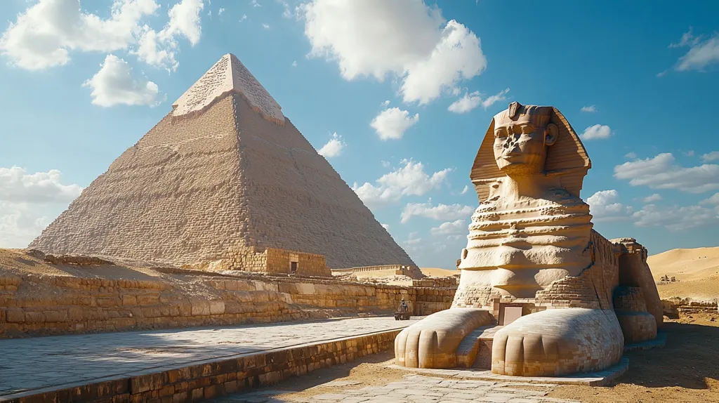 The Great Sphinx of Giza, a massive limestone statue with a human head and a lion's body, stands majestically in the desert sands. In the background, the Great Pyramid of Giza rises up towards the clear blue sky, a testament to ancient Egyptian engineering and artistry. The vastness of the desert and the sheer scale of these iconic structures evoke a sense of wonder and awe.