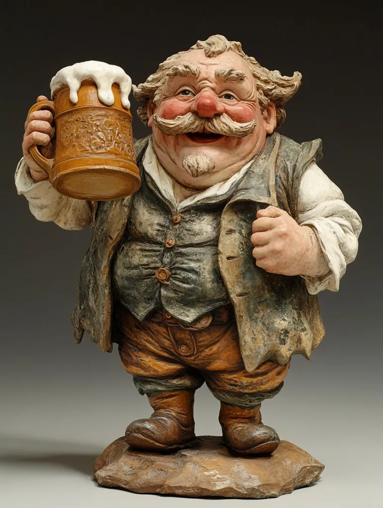 The image shows a hand-carved wooden sculpture of a jolly, rotund man with a wide grin and a bushy mustache. He is holding a large beer stein filled with foamy liquid and is wearing a tattered vest, breeches, and boots. He stands on a rock base. The sculpture is meticulously crafted with realistic detail, showcasing the artist's skill.  The figure appears to be a jovial character, likely enjoying a good drink and a moment of relaxation. The sculpture evokes a sense of humor and warmth, capturing a moment of everyday life.