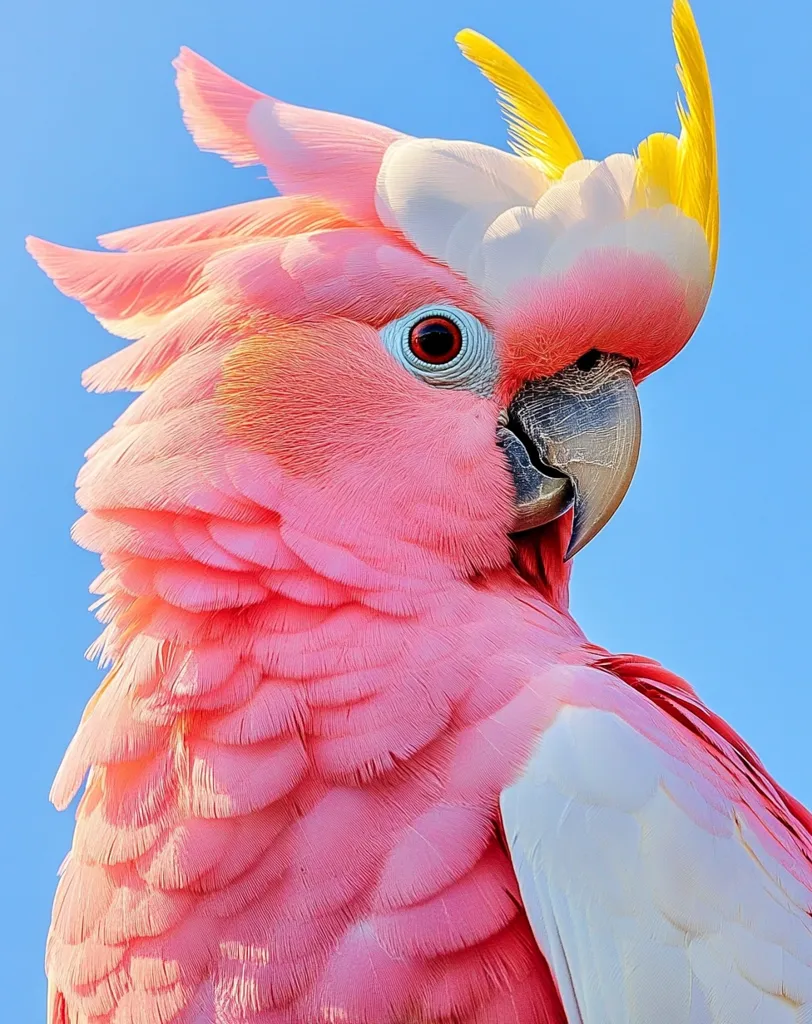 A pink and white cockatoo with a yellow crest faces the right side of the frame, with a bright blue sky behind it. The cockatoo's feathers are soft and fluffy, and its red eye is sharp and alert. Its beak is dark and strong, and its head is tilted slightly downwards. The bird is looking at something out of frame. The background is a solid, bright blue.