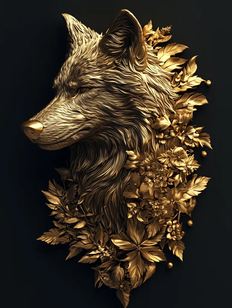 A golden wolf's head is sculpted in intricate detail, its fur rendered in flowing lines. It is partially obscured by a lush arrangement of golden leaves and flowers, creating a sense of both beauty and mystery. The artwork is set against a deep black background, highlighting the gleaming metallic finish. The combination of animal and floral elements suggests a connection to nature and the wild.