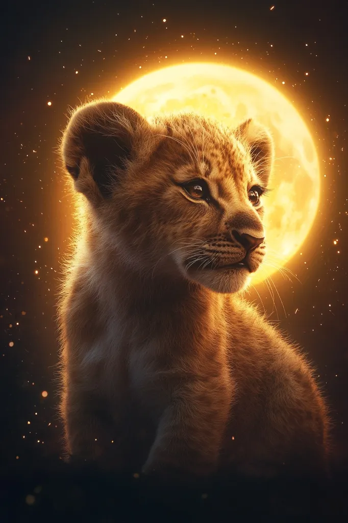 A lion cub sits with a large, glowing full moon behind it. The cub's fur is a light brown and appears soft. The image is lit by the moon, creating a warm, ethereal glow. The background is dark, with scattered stars and a few small, glowing dots.