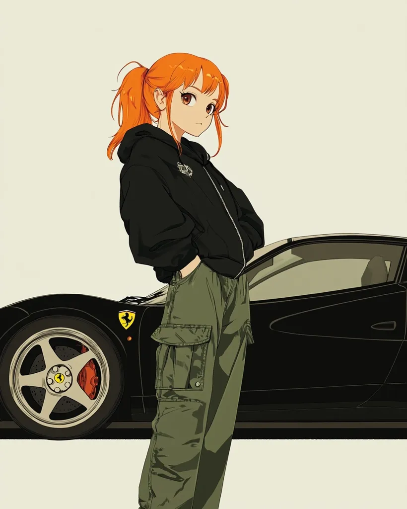 The illustration depicts a young woman with bright orange hair, wearing a black hoodie and green cargo pants, standing beside a sleek, black Ferrari.  Her hands are tucked into her pockets, and she has a confident, yet slightly bored expression on her face. The car is partially visible, showcasing its powerful design and the iconic Ferrari logo. The overall style is anime-inspired, with exaggerated features and a distinct visual aesthetic.