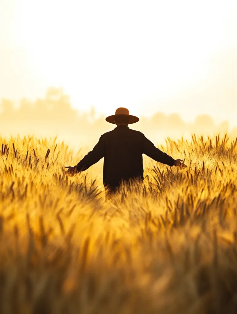 A lone figure, wearing a hat, stands in a field of golden wheat. The sun is setting, casting a warm glow over the scene. The man's silhouette is almost lost in the sea of tall grass. The image evokes a sense of peace and tranquility.