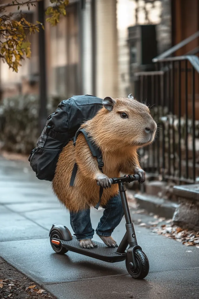 A capybara wearing a backpack and jeans is riding a black electric scooter down a city sidewalk. The capybara is looking straight ahead, and its paws are on the handlebars of the scooter. The sidewalk is wet and gray, and there are some fallen leaves on the ground. The background is out of focus, but you can see buildings and trees. The capybara looks very serious and focused on riding the scooter.