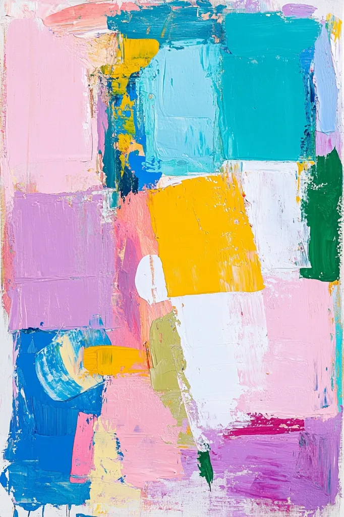 The abstract painting features bold strokes of vibrant colors like pink, blue, yellow, and green. It's a dynamic composition with a sense of movement and energy, created with thick layers of paint that give it a textured feel. The artist's use of contrasting colors and shapes creates a visually stimulating experience.