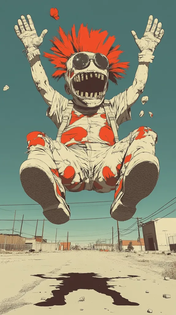 A cartoonish figure with red hair and sunglasses leaps through the air with his arms outstretched, leaving a shadow on the sandy ground behind him.  The figure is wearing white pants with red polka dots and white shoes.  The background is a simple desert landscape with a few buildings in the distance. The image has a vintage comic book aesthetic.