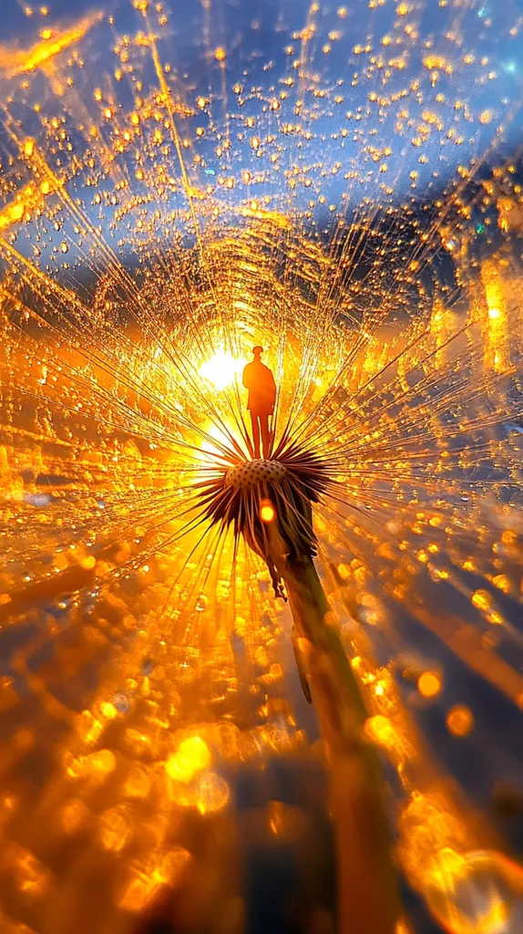 The image shows a close-up of a dandelion seed head with water droplets. The sun shines through the droplets, creating a radiant, golden glow. A person is standing on the seed head, silhouetted against the light, creating a whimsical and surreal scene. The image conveys a sense of wonder and beauty in the everyday details of nature.