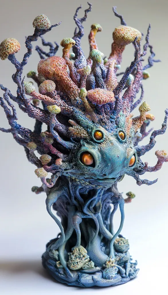 A fantastical sculpture of a creature made of twisted, fleshy branches and colorful, bulbous mushrooms. It has a blue, textured skin and large, orange eyes, giving it a haunting and otherworldly presence. The creature's body is rooted in a base of swirling, intertwined tendrils, adding to its mysterious and unsettling nature.  The sculpture is crafted in a detailed, realistic style, capturing the intricacies of its fantastical form.
