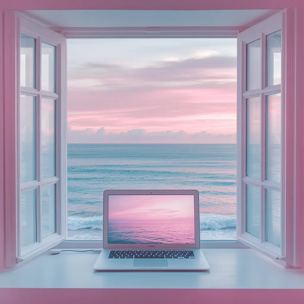 A laptop sits on a windowsill overlooking a stunning ocean sunset. The sky is a beautiful pink and blue, and the water is a calming turquoise. The window frame is white and the laptop is open to a screen that shows a similar pink and blue sky. The image captures a serene and peaceful moment.