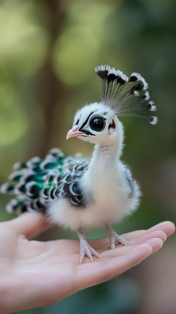 A small white and black peacock chick with large, dark eyes sits on a person's open hand. It has a crown of feathers on its head and a few green feathers on its back. The background is blurry and green.