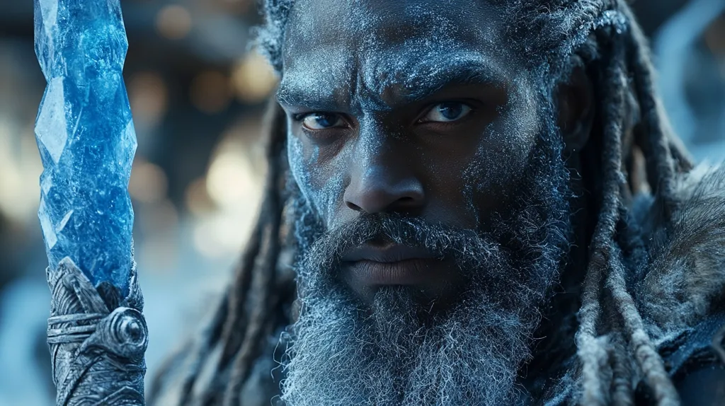 A close-up portrait of a man with long dreadlocks, his face covered in frost. He has a determined expression, his eyes looking intently forward. He holds a long blue crystal staff in his hand, the light catching its frosty surface. The image has a cold and mystical feel, suggestive of a powerful and ancient magic.