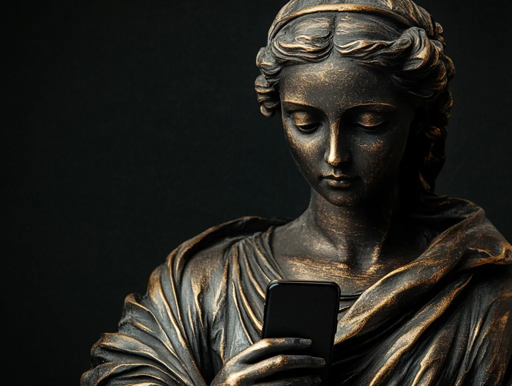 A bronze statue of a woman with long hair and a flowing robe is holding a black smartphone in her hands. The statue is set against a dark background, creating a dramatic contrast. The woman's face is serious and contemplative, and her gaze is focused on the phone. This image evokes a sense of mystery and intrigue, suggesting a story that lies hidden within the folds of time.