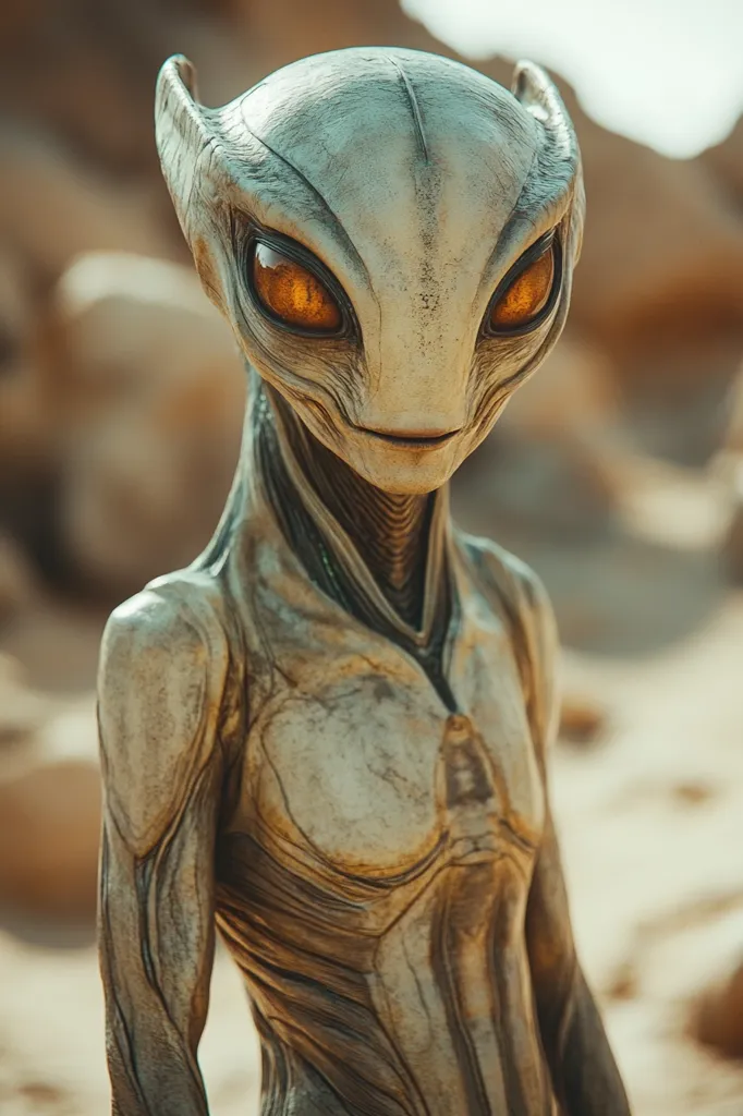 A close-up of a humanoid alien with large, almond-shaped eyes, a smooth, grey head, and a body with intricate, almost skeletal, lines and textures. The alien has a neutral expression and stands against a blurred background of sand dunes, creating a sense of mystery and otherworldliness. The lighting casts subtle shadows, highlighting the alien's features and emphasizing its unique morphology.