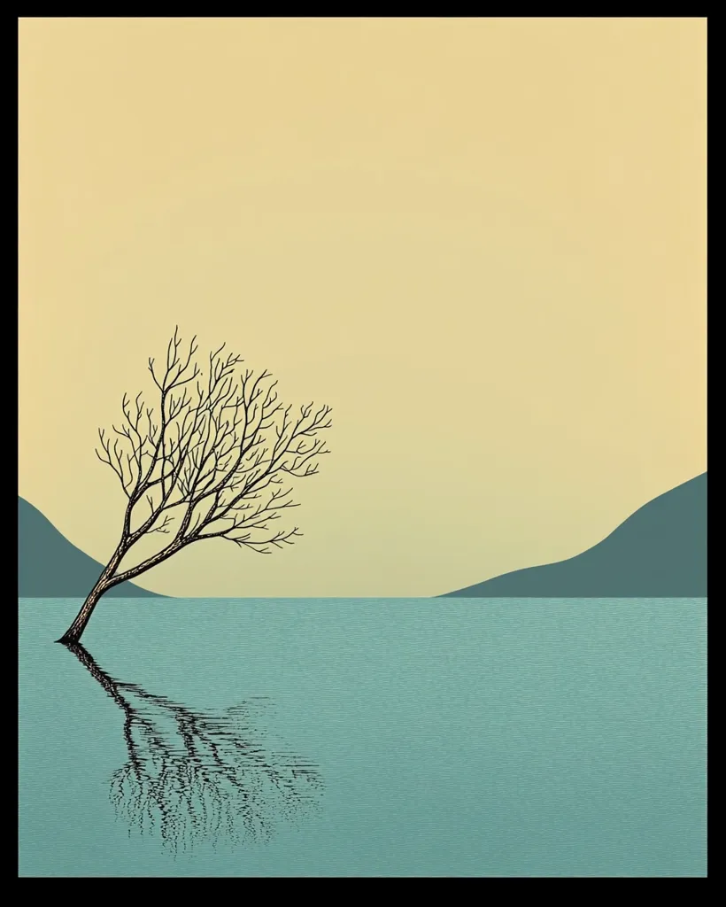 The image depicts a minimalist landscape with a single bare tree leaning over a body of water. The tree's reflection is mirrored in the still water, creating a sense of symmetry. The background is a muted yellow sky and a distant, low-lying hill, suggesting a serene and tranquil scene. The composition is simple yet evocative, emphasizing the stillness and solitude of the natural world.