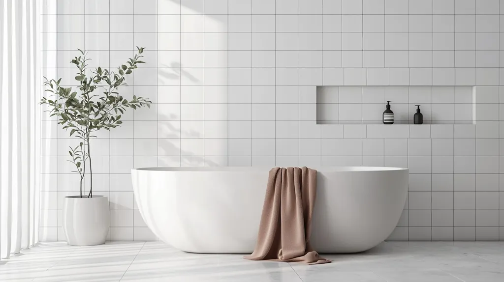 A modern, minimalist bathroom with white tiled walls, a freestanding bathtub, a brown towel draped over the side, and a small potted plant in the corner. The room is bathed in natural light, creating a serene and inviting atmosphere.  Two small black bottles sit on a shelf in the wall.  The floor is white and smooth, reflecting the light.