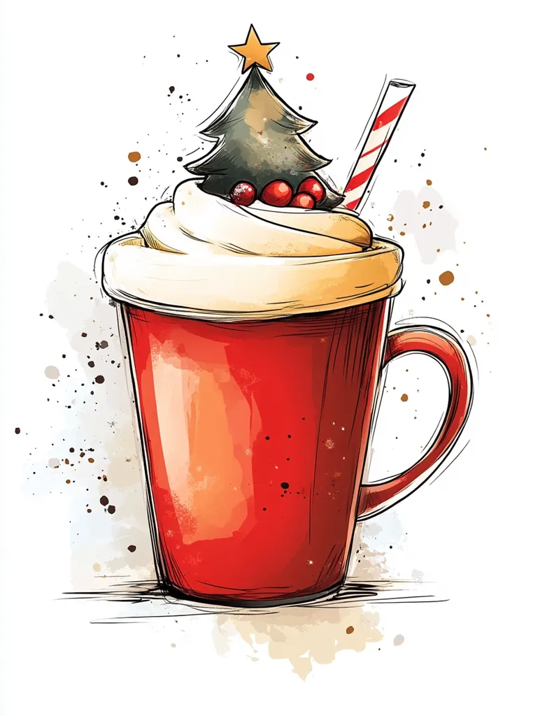 A watercolor illustration of a red mug with a festive Christmas tree topping, topped with whipped cream and red berries. A red and white striped straw emerges from the top. The mug is depicted against a white background with brown and beige watercolor splatter.  The image conveys a warm, cozy feeling.