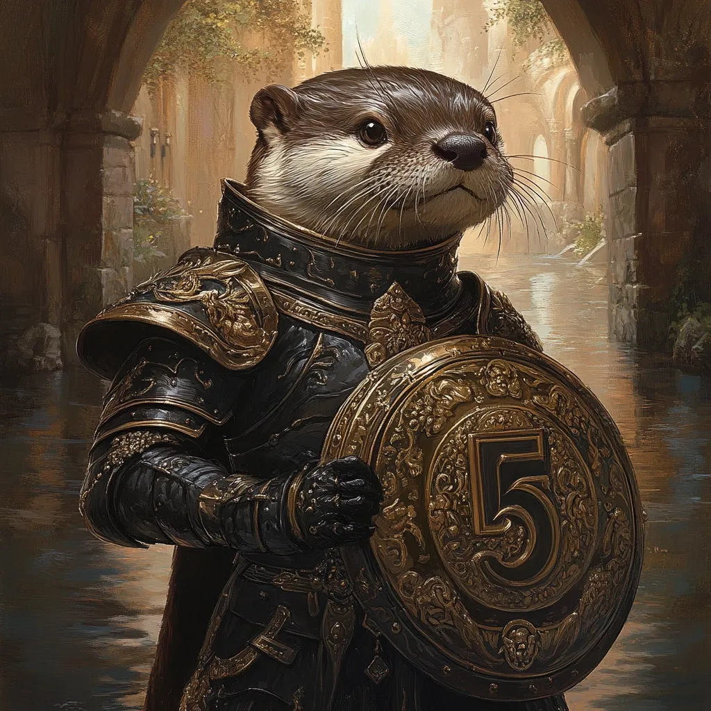 An anthropomorphic otter, clad in black and gold armor, stands proudly in a stone archway. He holds a large, ornate shield with a prominent number "5" on its face. The otter's expression is serious and determined, suggesting a brave and loyal protector. The background features a shallow stream and a lush, green forest. The scene exudes a sense of fantasy and adventure.