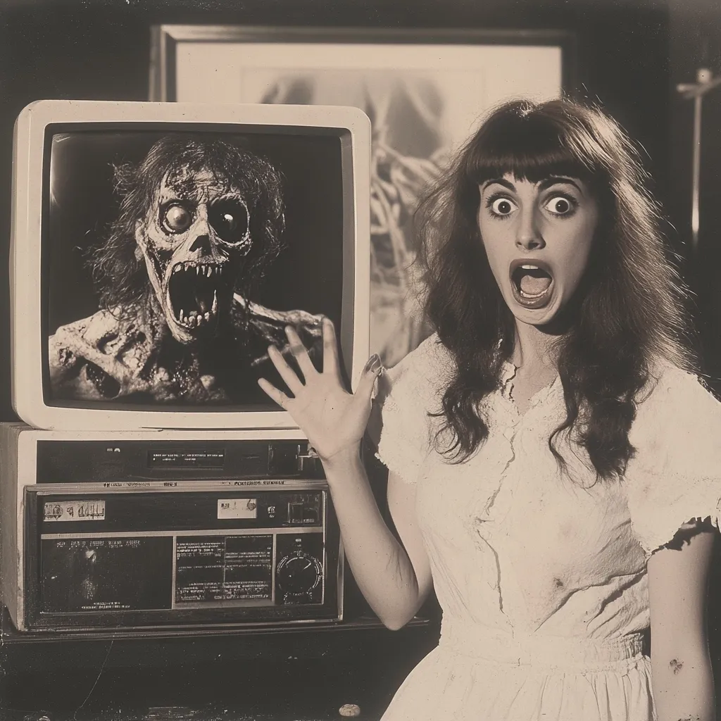 A woman in a white dress stands in front of a television set with a look of terror on her face. The television is showing a grotesque, decaying zombie-like figure staring directly at the viewer. The woman appears to be recoiling from the image on the screen. The photo is in black and white, adding to the eerie and unsettling atmosphere.