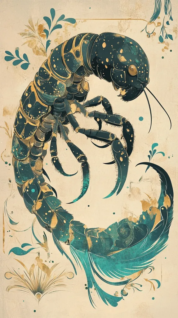 The image depicts a stylized, intricately detailed, and somewhat abstract depiction of a lobster. The creature is rendered in shades of blue and green, with gold accents. The lobster's claws and body are prominently displayed, while its tail is elongated and flowing, resembling feathers or a stylized wave. The background is a soft beige with delicate floral patterns in shades of green and gold, creating a sense of elegance and artistry. The overall composition conveys a sense of movement and dynamism, possibly representing the lobster's natural habitat or its journey through the ocean. The image has a distinctly Japanese-inspired aesthetic, with a focus on intricate details and delicate lines.