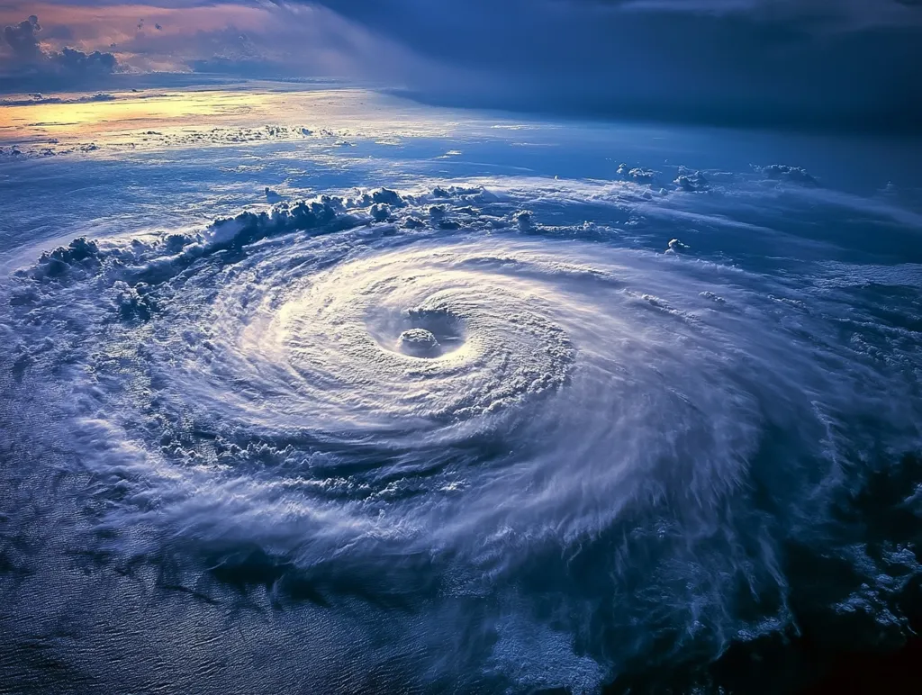 An aerial view of a hurricane, with swirling clouds and a dark eye in the center. The storm is raging over the ocean, with a backdrop of scattered clouds and a blue sky. The image conveys the immense power and destructive potential of hurricanes.