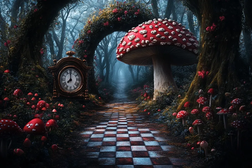 The image depicts a whimsical forest path with a checkered floor, leading to a misty horizon. A giant red and white mushroom stands on the right, while an ornate antique clock rests on the left side of the path. The forest is filled with red and white mushrooms and a lush, verdant canopy, creating a magical and enchanting atmosphere. The scene is reminiscent of a fairytale or fantasy setting, suggesting a journey into a hidden and mysterious world.