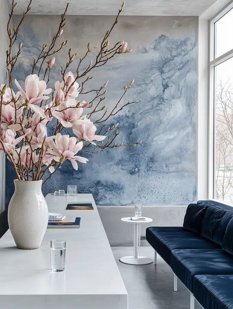 A white table with a glass of water and a bouquet of pink magnolia flowers in a white vase sits against a wall with a blue and grey marbled wallpaper. A small white side table with a glass on top sits between the table and a navy blue couch. A window with a view of trees outside is to the right of the couch. The room is light and airy with a minimalist aesthetic.