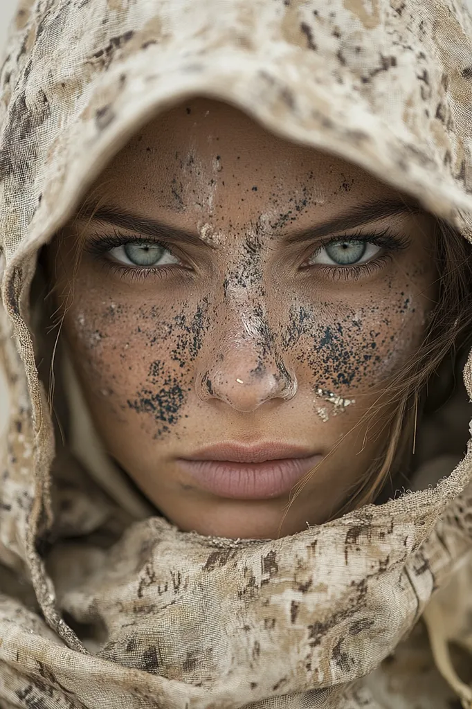 A woman with a determined expression gazes directly at the camera. She is covered in dirt and dust, her eyes are wide and alert. The fabric of her hood and scarf create a camouflage pattern, suggesting a sense of secrecy and adventure. Her intense gaze and the gritty texture of her skin evoke a feeling of resilience and strength in the face of adversity.
