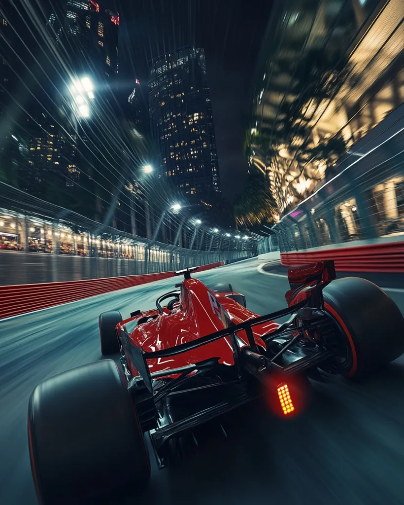 A red race car speeds around a track in a city at night. The car is in the foreground with the city lights blurred in the background.  The race track is enclosed by a fence with red and white lines. The car is speeding around a bend. The image is taken from behind the car, looking over the driver's shoulder. The composition of the image creates a sense of speed and excitement.
