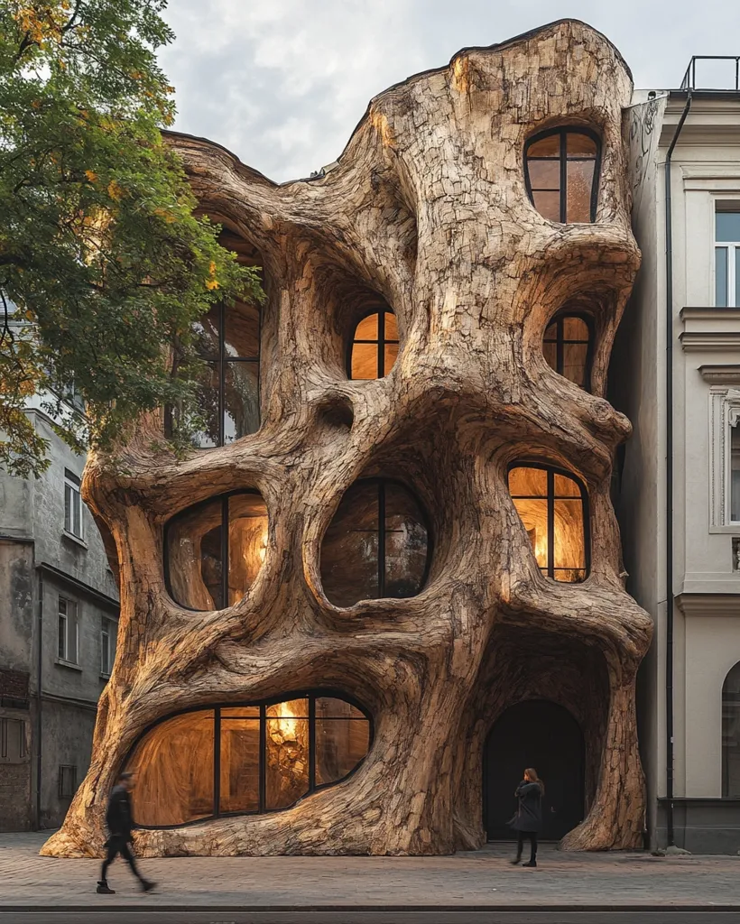 The image shows a unique building designed to resemble a giant tree trunk. Its facade is covered in intricate details that mimic bark and knots, creating a sense of organic growth. The building features irregularly shaped windows and an arched doorway, all framed by the textured "bark." The building is illuminated by warm, glowing light, casting an inviting glow on the street. A single person walks past the building, adding a sense of scale and perspective. The building's whimsical design and realistic texture creates a fascinating and surreal visual experience.