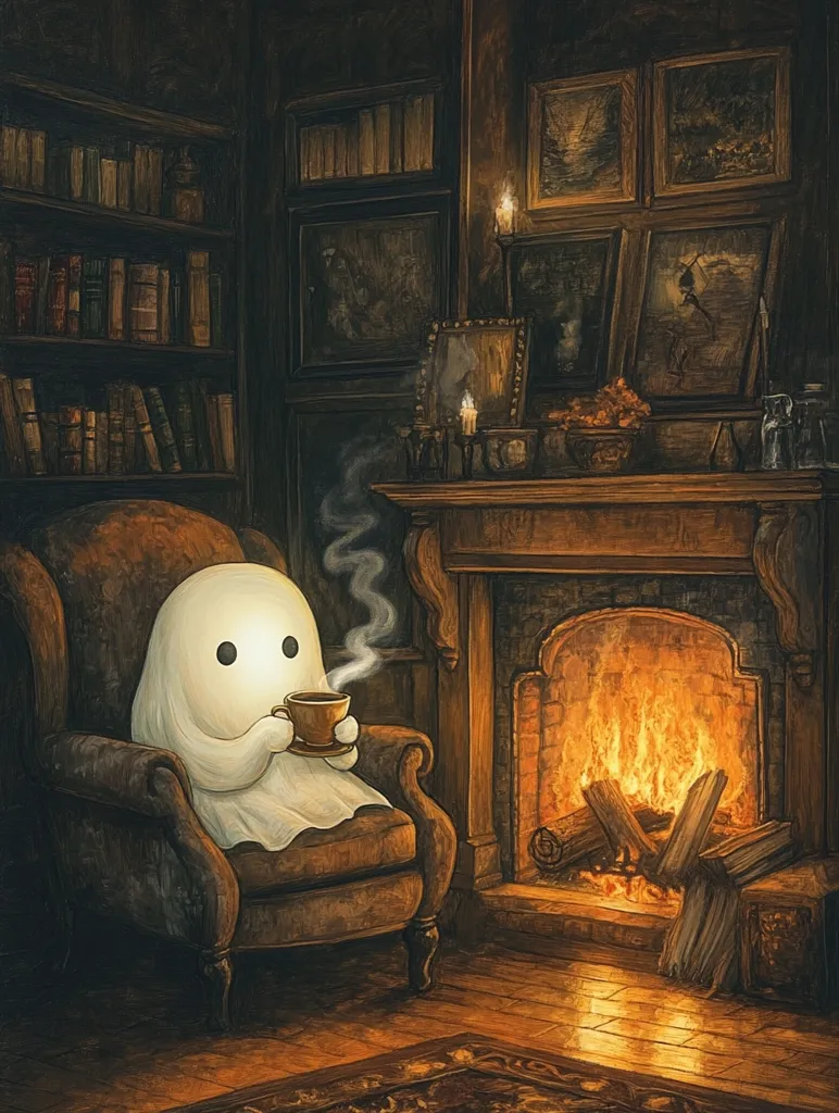 A white ghost sits in a brown armchair by a roaring fireplace. The ghost is holding a steaming cup of tea. The room is dimly lit and has a cozy atmosphere. There are shelves of books and framed pictures on the walls. The fireplace is made of brick and has a mantle above it. The ghost is looking at the fire.